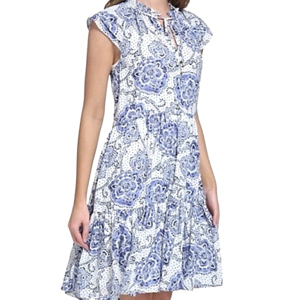 Tommy Hilfiger Paisley Medallion Chiffon Flutter Sleeve Dress Blue White 10 NWT
